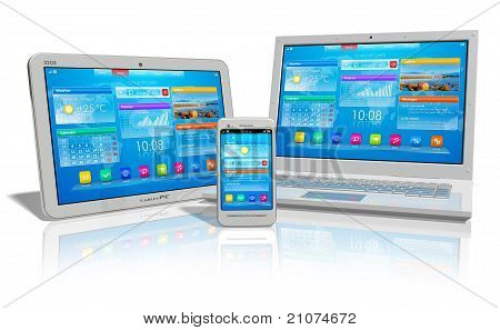 Picture or Photo of White tablet PC, smartphone and laptop on white reflective background