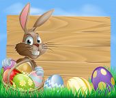picture of character  - A cute Easter bunny rabbit character standing by a wooden sign holding a basket of decorated Easter eggs surrounded by Easter eggs in a field - JPG 
