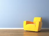 foto of interior  - interior design of modern yellow armchair against a blue wall with lots of copy space - JPG 