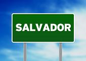 stock photo of road sign  - Green Salvador Bahia Brazil highway sign on Cloud Background - JPG 