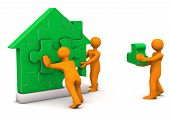 picture of puzzle  - Orange cartoon characters builds with puzzles a house - JPG 