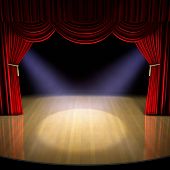 stock photo of stage  - Theatre stage with red curtain and spotlights on the stage floor - JPG 