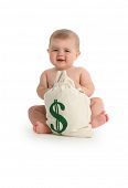 image of money  - Baby with money bag on white background - JPG 