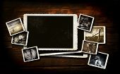 picture of  photo  - Scrap booking  background on dark wood with photos - JPG 
