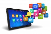 foto of objects  - Tablet PC with cloud of colorful application icons isolated on white background - JPG 