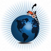 picture of earth  - Abstract colorful illustration with a man plowing around the earth with a tractor - JPG 