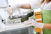 picture of medical  - Doctor hands in medical gloves with clinical dna chemistry samples near equipment for medical tests - JPG 