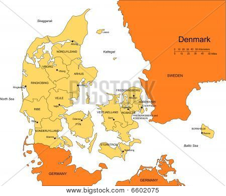 Denmark with Administrative Districts and Surrounding Countries