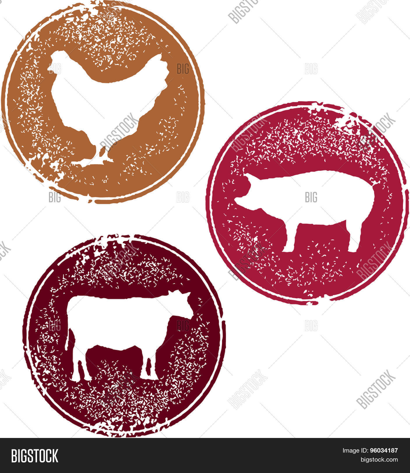 Chicken Pork and Beef Meat Stamp Designs Stock Vector & Stock Photos