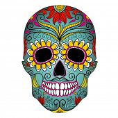 stock photo of holidays  - Day of The Dead colorful Skull with floral ornament - JPG 