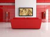 picture of home  - red leather sofa in a modern living room with home theatre system  - JPG 