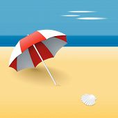 stock photo of beach  - Beach umbrella on a beach with a scallop shell - JPG 