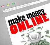 foto of money  - A web browser window shows the words Make Money Online and a person in pile of cash - JPG 
