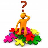 stock photo of puzzle  - Orange cartoon on the multicolored puzzles an big question mark - JPG 