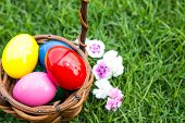 image of religion  - Basket of easter eggs on green grass - JPG 