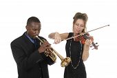 foto of africanamerican  - Two musicians tune up before a concert while still having fun with each other - JPG 
