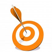 stock photo of competition  - High resolution concept or conceptual orange dart target board with an arrow in  center isolated on white background - JPG 