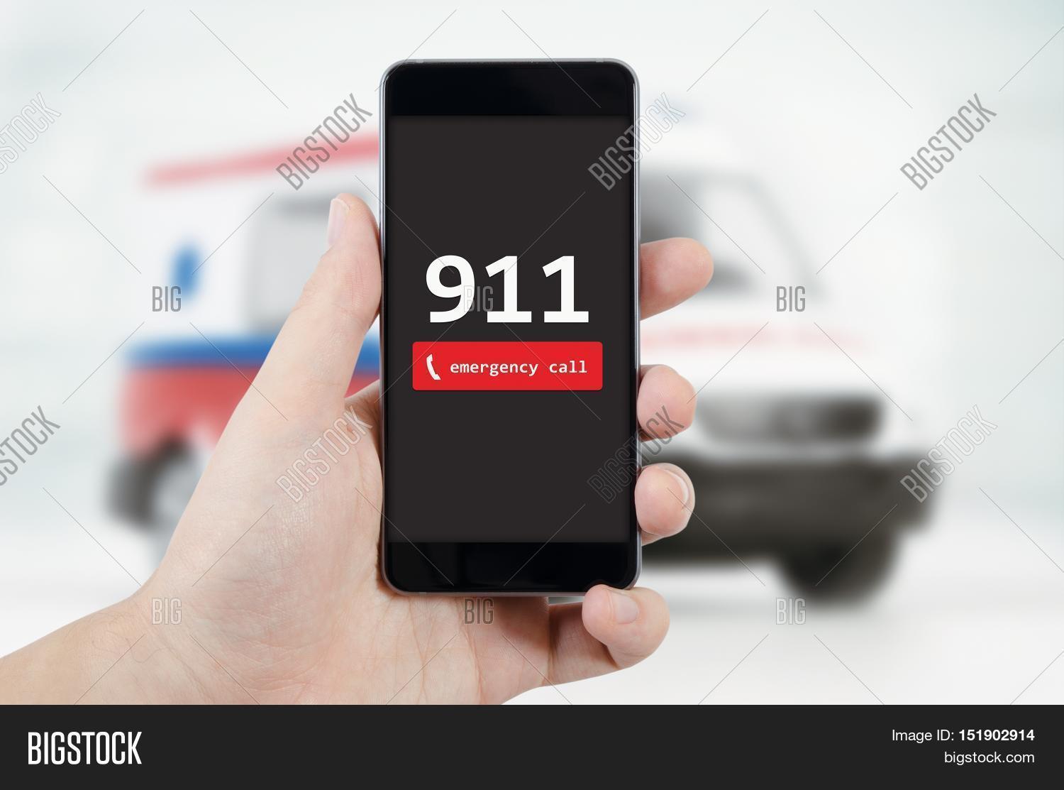 Man calling emergency. Ambulance in background. emergency call 911 aid