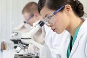 stock photo of science  - A Chinese Asian female medical or scientific researcher or doctor using a microscope in a laboratory with her colleague out of focus behind her - JPG 