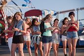 picture of group  - Group of 8 teenage girls text messaging at an amusement park - JPG 