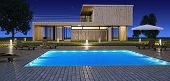 foto of house  - Modern house with swimming pool in night vision - JPG 
