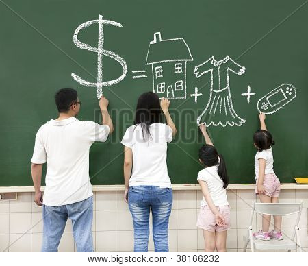 Picture or Photo of Family drawing money house clothes and video game symbol on the chalkboard