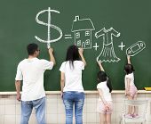 stock photo of money  - family drawing money house clothes and video game symbol on the chalkboard - JPG 