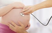 stock photo of medical doctors  - belly of pregnant woman and hand of doctor with a stethoscope - JPG 