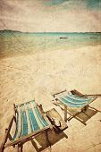 picture of beach  - Two sun beach chairs on shore near sea in grunge and retro style - JPG 