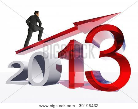 Picture or Photo of High resolution conceptual 3D 2013 year with a growing arrow isolated on white background with a business man surfing.A metaphor for economy, finance, progress,success,improvement,new,profit designs