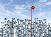 picture of leadership  - Marketing and advertising communications leader concept with a red bullhorn or megaphone rising above the rest of the group of competitors for business and financial sales - JPG 