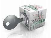 stock photo of render  - 3d render of data protection wordcloud cube with key - JPG 