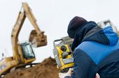 pic of survey  - surveyor worker with geodesy equipment device theodolite at land surveying outdoors - JPG 
