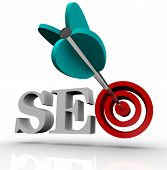 pic of on target  - The letters SEO standing for search engine optimization and an arrow and target in place of the letter O - JPG 