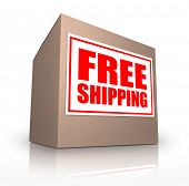 image of order  - A cardboard box on an angle with a sticker reading Free Shipping telling you that you can ship your ordered merchandise or products for no extra cost from an online store or catalog - JPG 