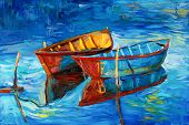 picture of nature  - Original oil painting of boats and sea on canvas - JPG 