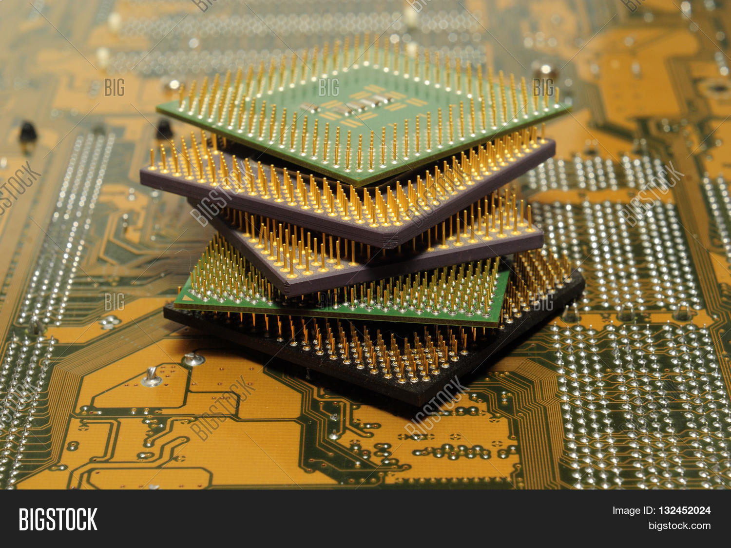 Stack of CPU processor and Circuit board / Motherboard. Electronic