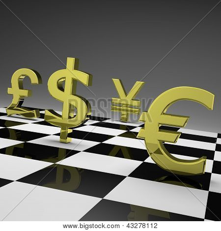 Picture or Photo of 3d golden currency symbols on chessboard, currency war concept