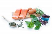 stock photo of food  - Protein rich foods including eggs spinach leaves and kidney beans - JPG 