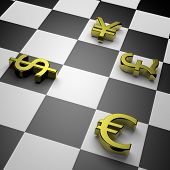 image of currency  - 3D golden currency symbols on chessboard - JPG 