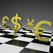 picture of currency  - 3D golden currency symbols on chessboard - JPG 