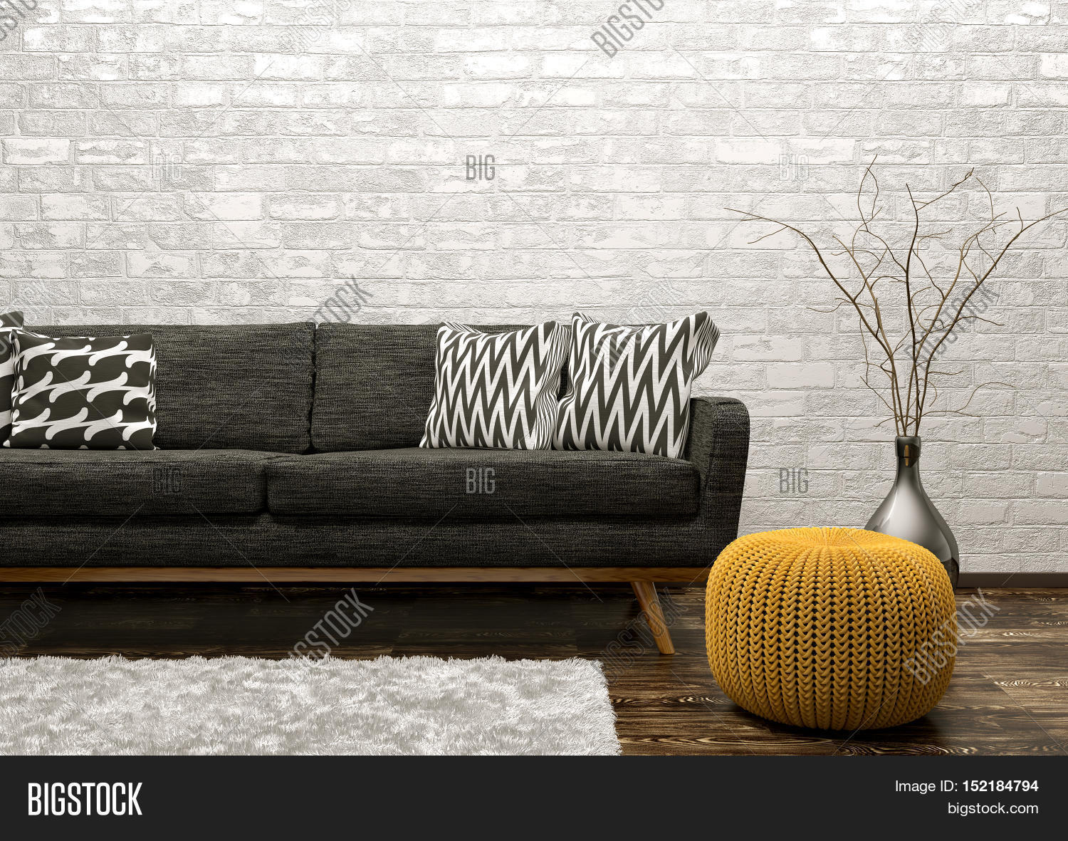 Modern Interior Of Living Room With Black Sofa Rug And Knitted Modern Interior Of Living Room With Black Sofa Rug And Knitted