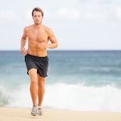 picture of fitness  - Running man jogging on beach - JPG 