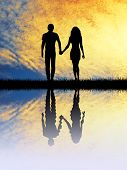 image of sunset  - an illustration of a Two lovers at sunset with reflection - JPG 