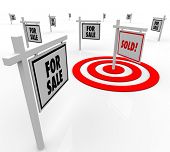 stock photo of on target  - Many home for sale real estate signs and one reading Sold in a bulls - JPG 