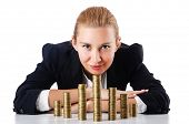 stock photo of currency  - Businesswoman with coins on white - JPG 
