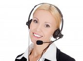 image of telemarketing  - Cheerful call center operator against white background - JPG 