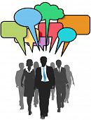 stock photo of business people  - Social media business people walk and talk in color speech bubbles - JPG 