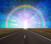 stock photo of portal  - Path to doorway of Light ringed by rainbow - JPG 