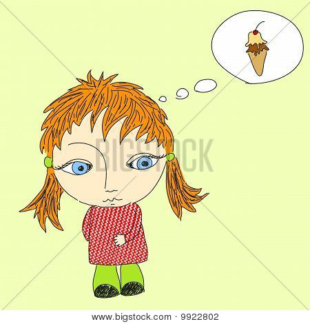girl thinking of ice-cream. Cute cartoon girl, and thought bubble with ice- girl thinking of ice-cream. Cute cartoon girl, and thought bubble with ice-